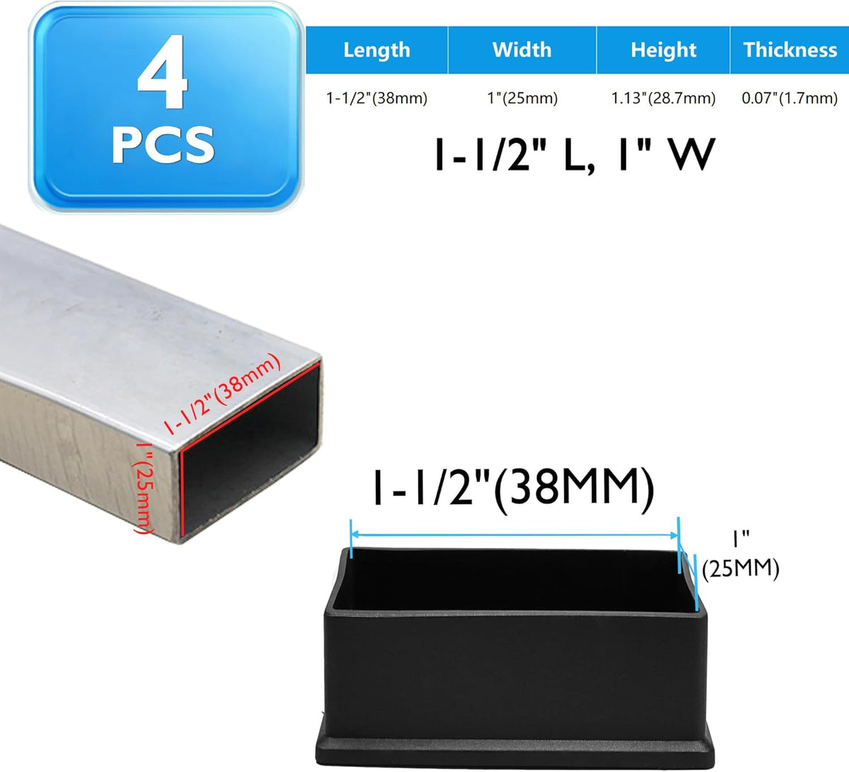 4 Pcs 1" x 1-1/2" Rectangular Rubber Chair Leg Caps, PVC Table Leg Covers, Flexible & Anti-Slip