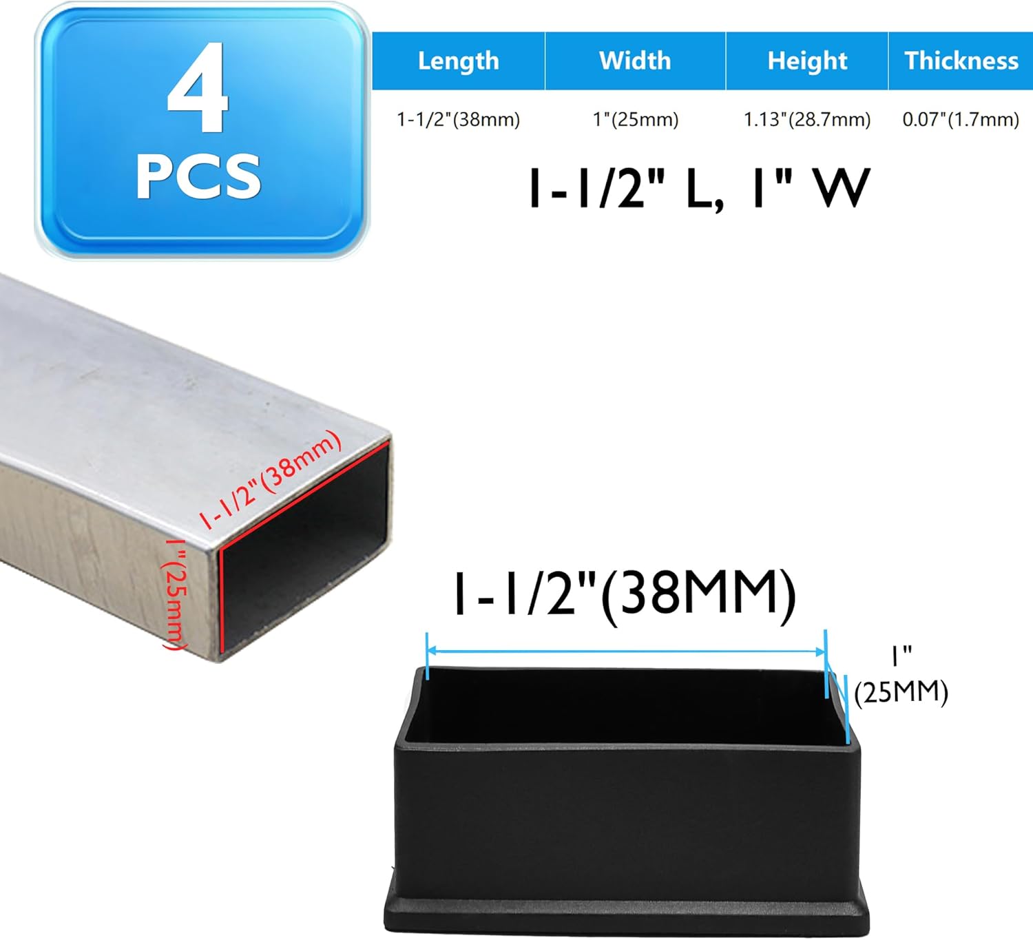 4 Pcs 1" x 1-1/2" Rectangular Rubber Chair Leg Caps, PVC Table Leg Covers, Flexible & Anti-Slip