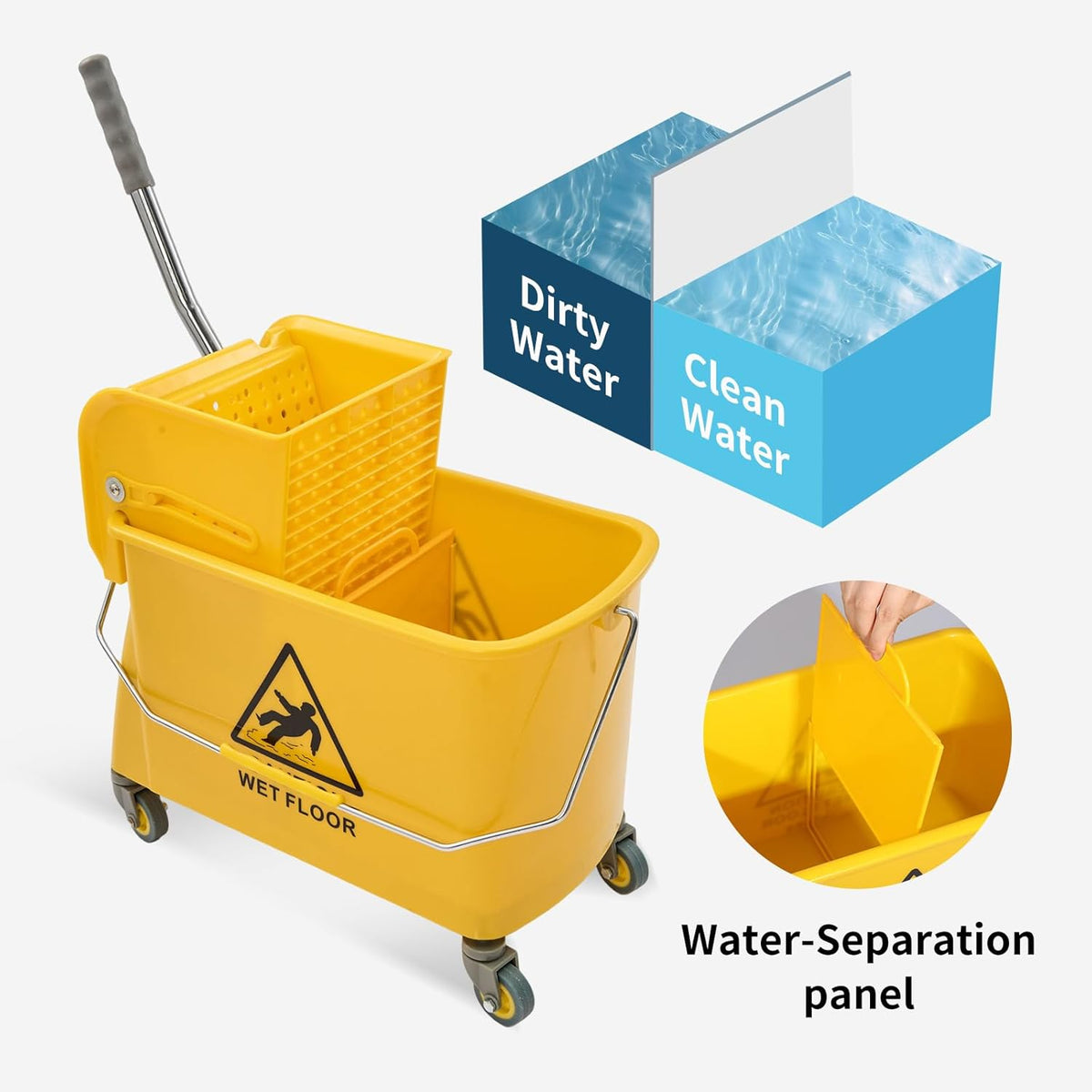 22 Qt (5.5 Gallon) Mop Bucket with Wringer for Floor Cleaning, Handle, Wheels, 16.5" L x 10.6" W x