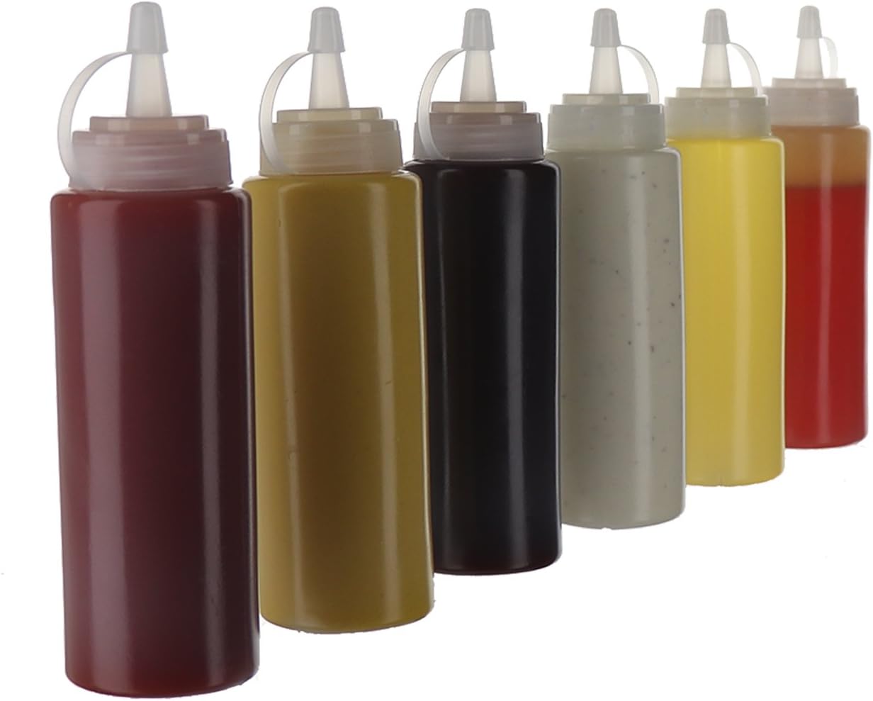 Oaklyn Squeeze Bottles 8oz 6 Pack - Reusable Condiment Bottles for Sauces Liquids BPA-Free Leak