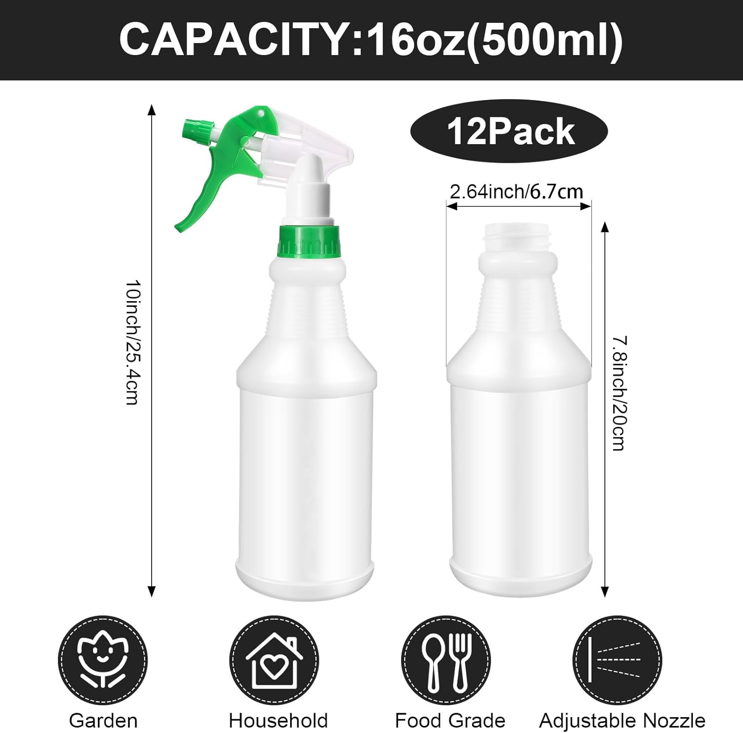 Eccliy 12 Pcs 16 Oz Plastic Spray Bottle, Adjustable Empty Reusable Sprayer for Cleaning, Planting