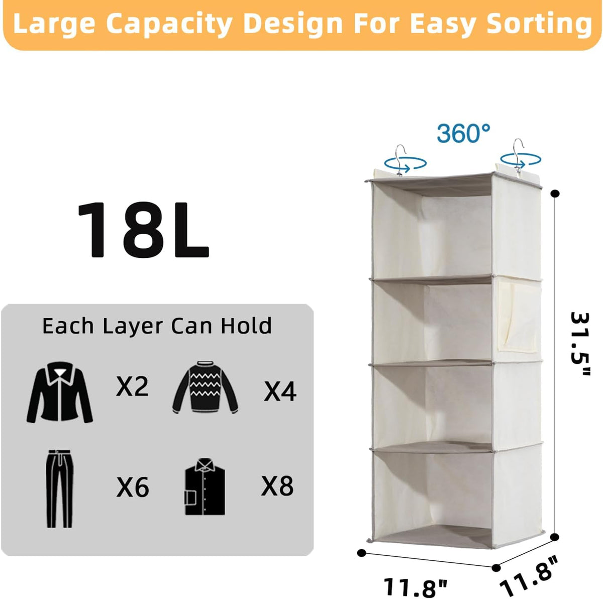 2 Packs Hanging Closet Organizer, 4-Shelf Closet Organizers and Storage with Side Pockets