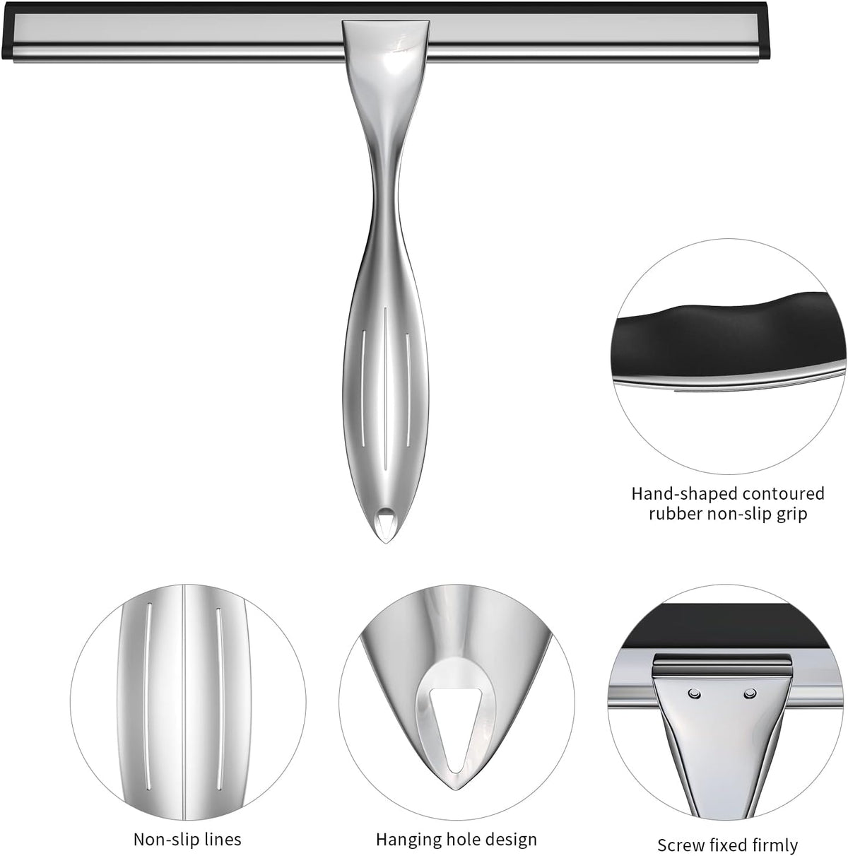 14-Inches Stainless Steel Shower Squeegee Set, Include Shower Door Hook, Adhesive Hook and Spare