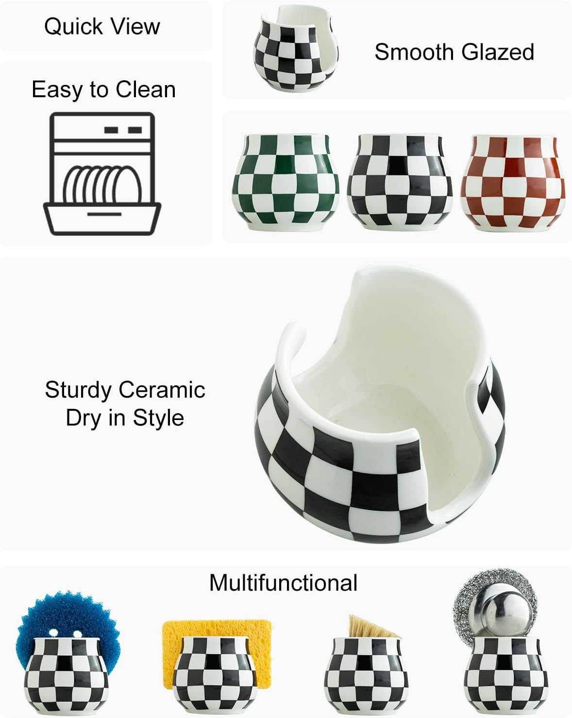 Checkered Sponge Holder for Kitchen Sink, Ceramic Dish Sponge Dish Rack Scrubby Holder Kitchen