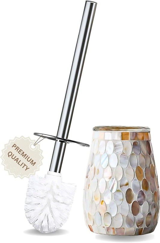 Escenzy Modern Toilet Brush and Holder Set | Natural Shell Mosaic Glass | Non-Rustic Stainless