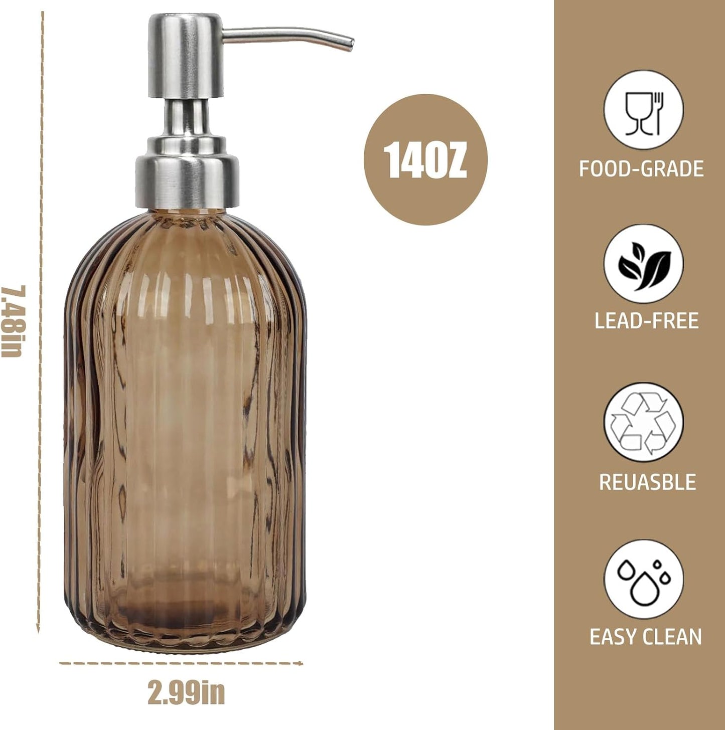14Oz Brown Soap Dispenser Bathroom, Clear Glass Hand Soap Dispensers with Stainless Steel Pump