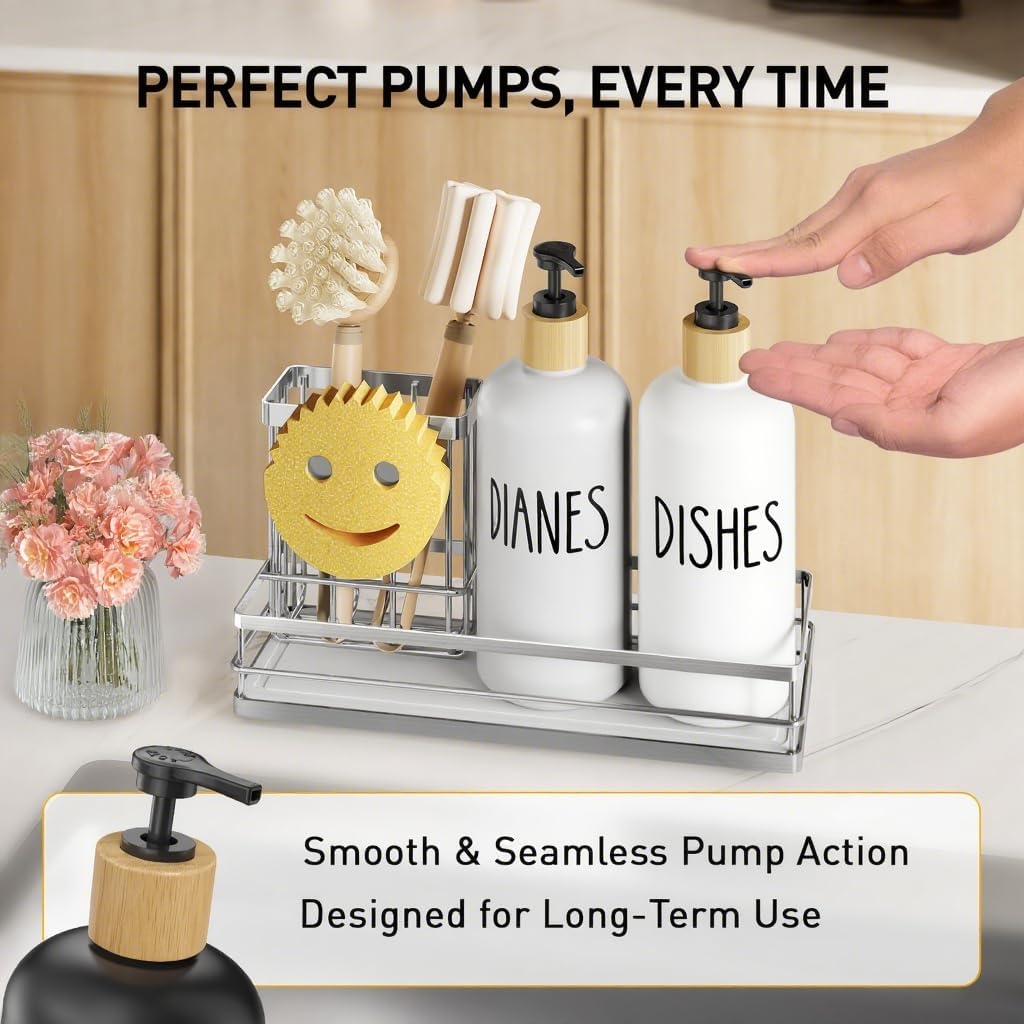 Moforoco Kitchen Dish Soap Dispenser Set, 16OZ Glass Bottle, Hand and Dish Soap Dispenser Set