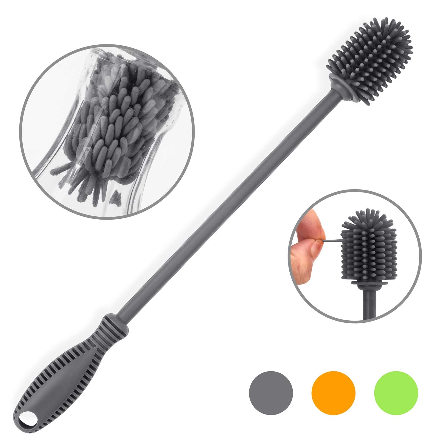 Silicone Bottle Brush with Long Handle, 12.5" Bottle Cleaning Brush, Gray