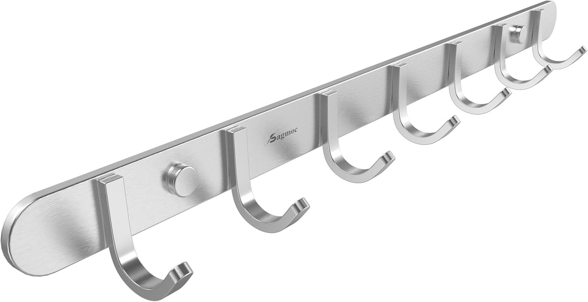 Towel Hook Rack Brushed Nickel 17-Inch Coat Hook Rail Wall Mounted with 7 Hooks, Durable Wall