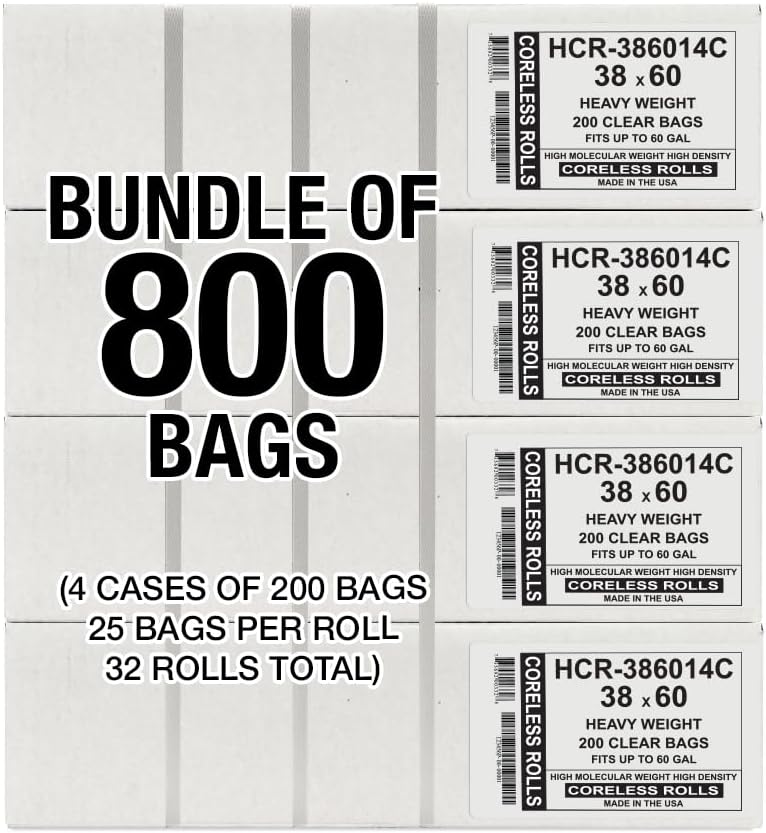 Aluf Plastics High Density Trash Bags, 60 Gallon, 800 Count, 14 Micron (eq), 38" x 60", Clear, for