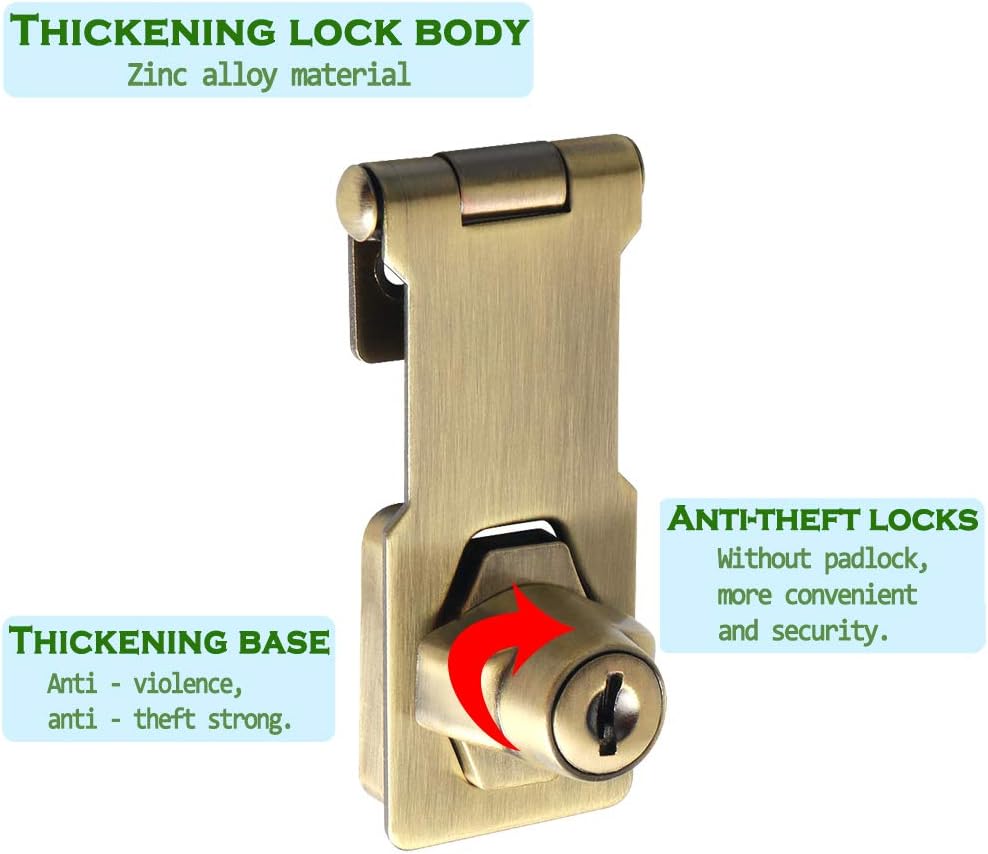 Alise Keyed Hasp Lock,3 Inch Safety Packlock Clasp Hasp Lock Latch with Lock,Door Hinge Lock with