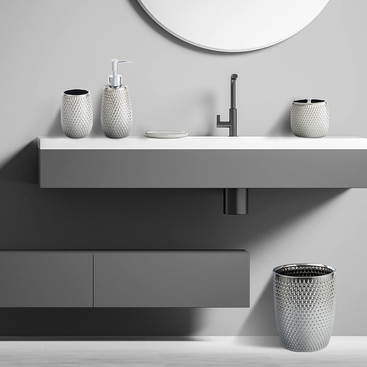 Modern Round Silver Small Trash Can Wastebasket, Garbage Container Bin for Bathrooms, Powder Rooms