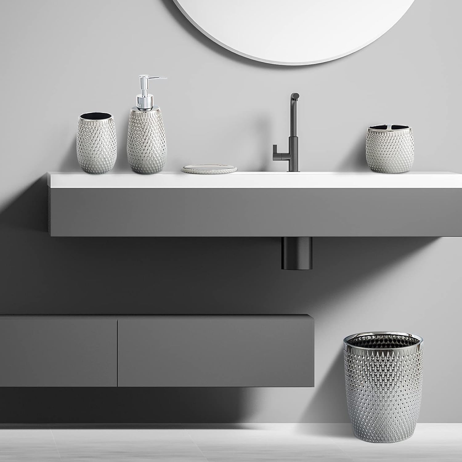Modern Round Silver Small Trash Can Wastebasket, Garbage Container Bin for Bathrooms, Powder Rooms