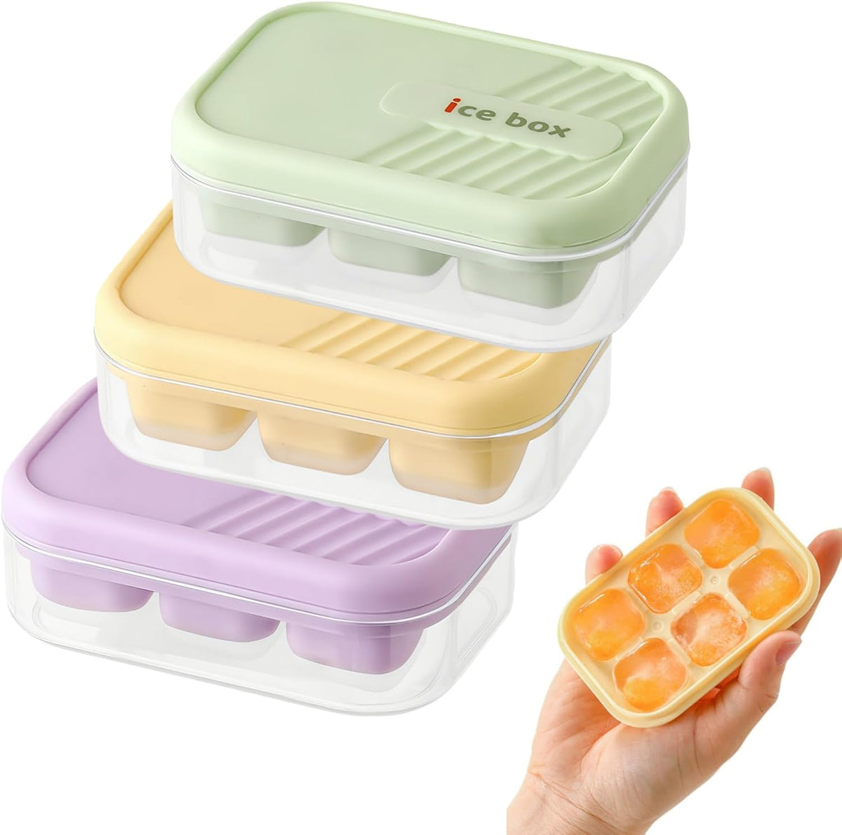 3-pack mini ice cube tray with lid and bin - 6-cubes each,easy remove and stackable, small ice cube