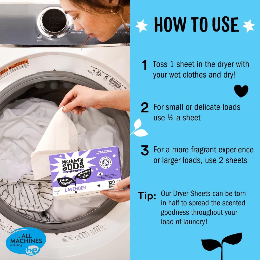 Molly's Suds Fabric Softener Dryer Sheets for Sensitive Skin | Plant-Based Static Reducer
