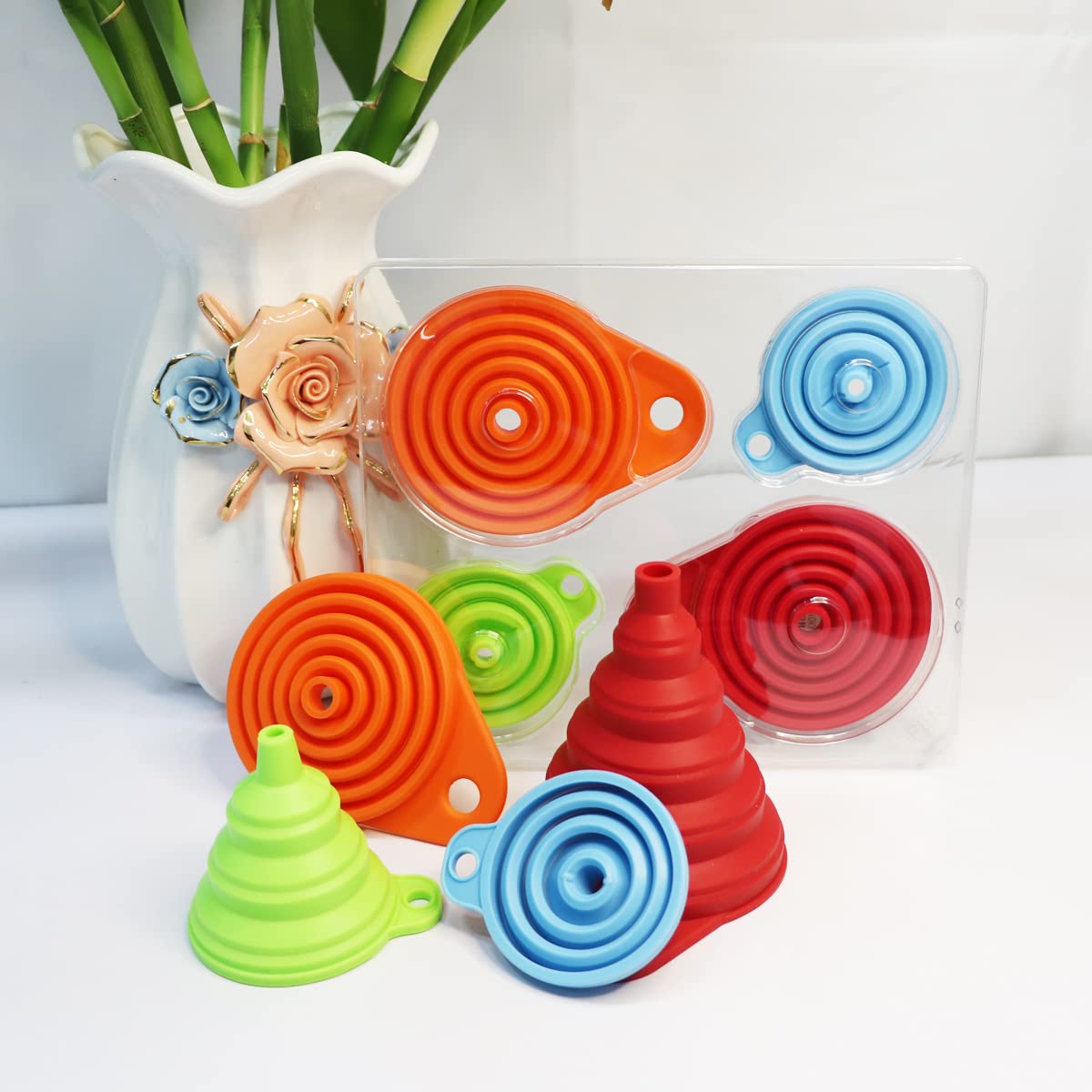 KongNai Kitchen Funnel Set 4 Pack, Small and Large, Kitchen Gadgets Accessories Foldable Silicone