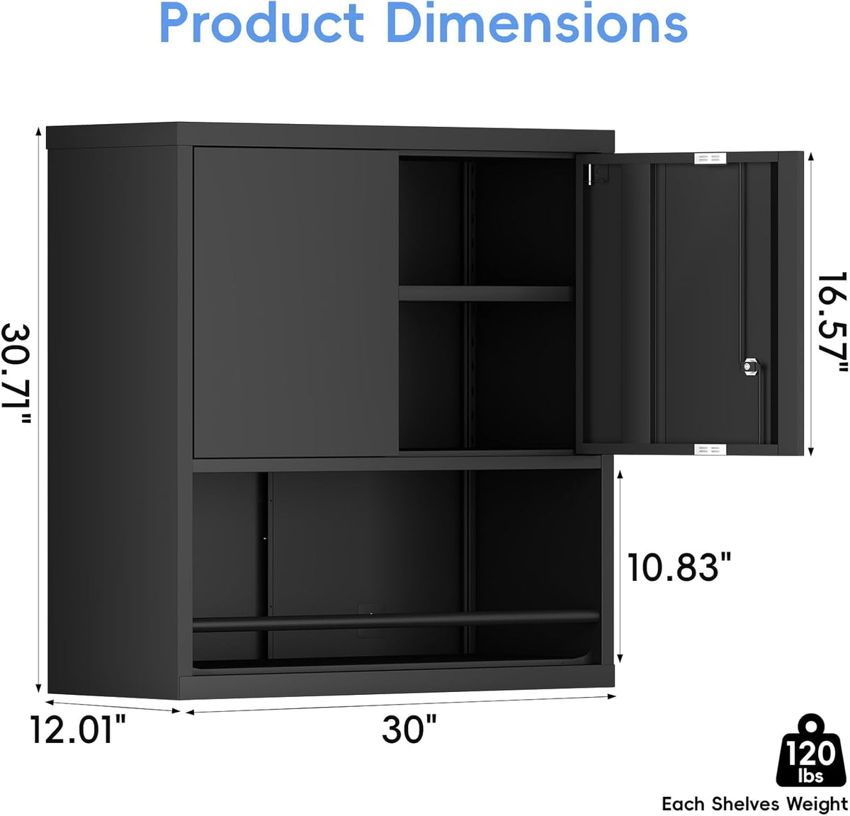 Locking Cabinet, Black Wall Storage Cabinet with Shelves, Hanging Cabinets with Open Storage, Small