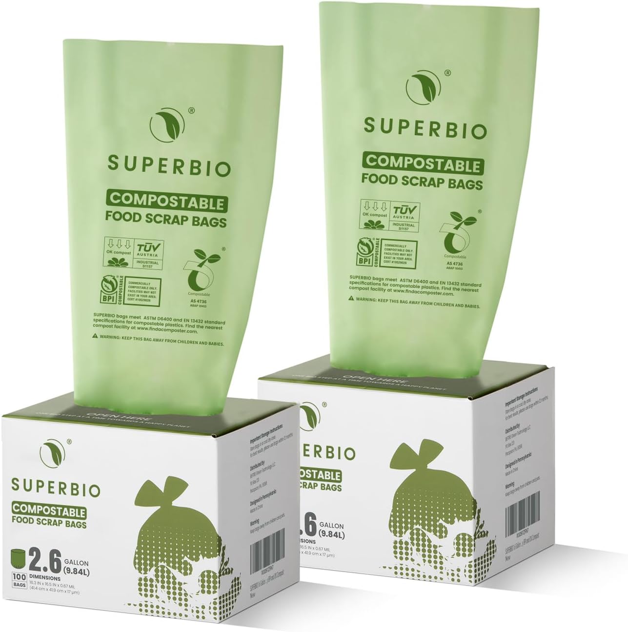 SUPERBIO 2.6 Gallon Flat Top Compostable Food Waste Bags, 100 Count, 2 Pack,9.84L, Food Scrap Bags