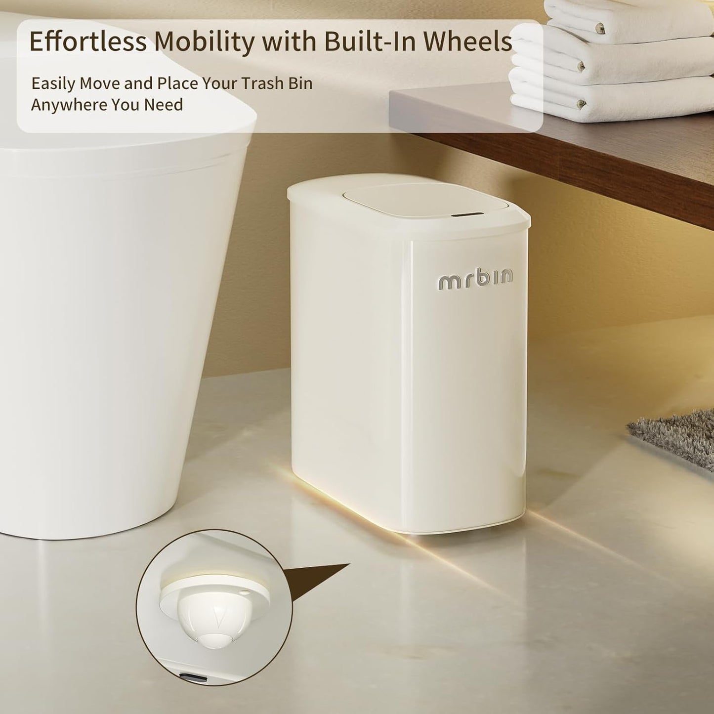 MRBIN Motion Sensor Bathroom Metal Trash Can with Lid and Wheels, 10L/2.6gal Automatic Removable