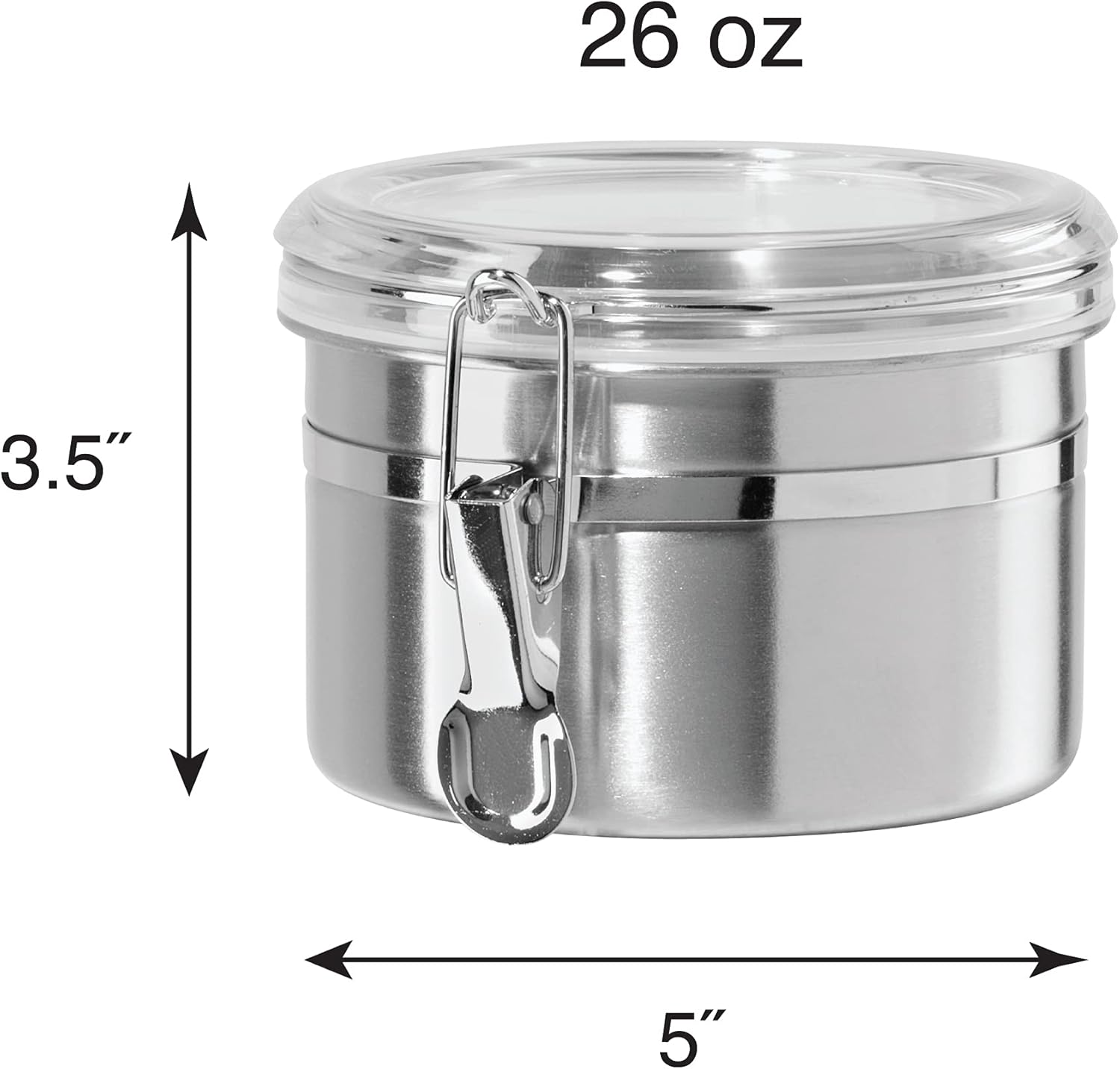 OGGI Stainless Steel Kitchen Canister 26 fl oz - Airtight Clamp Lid, Clear See-Thru Top - Ideal for