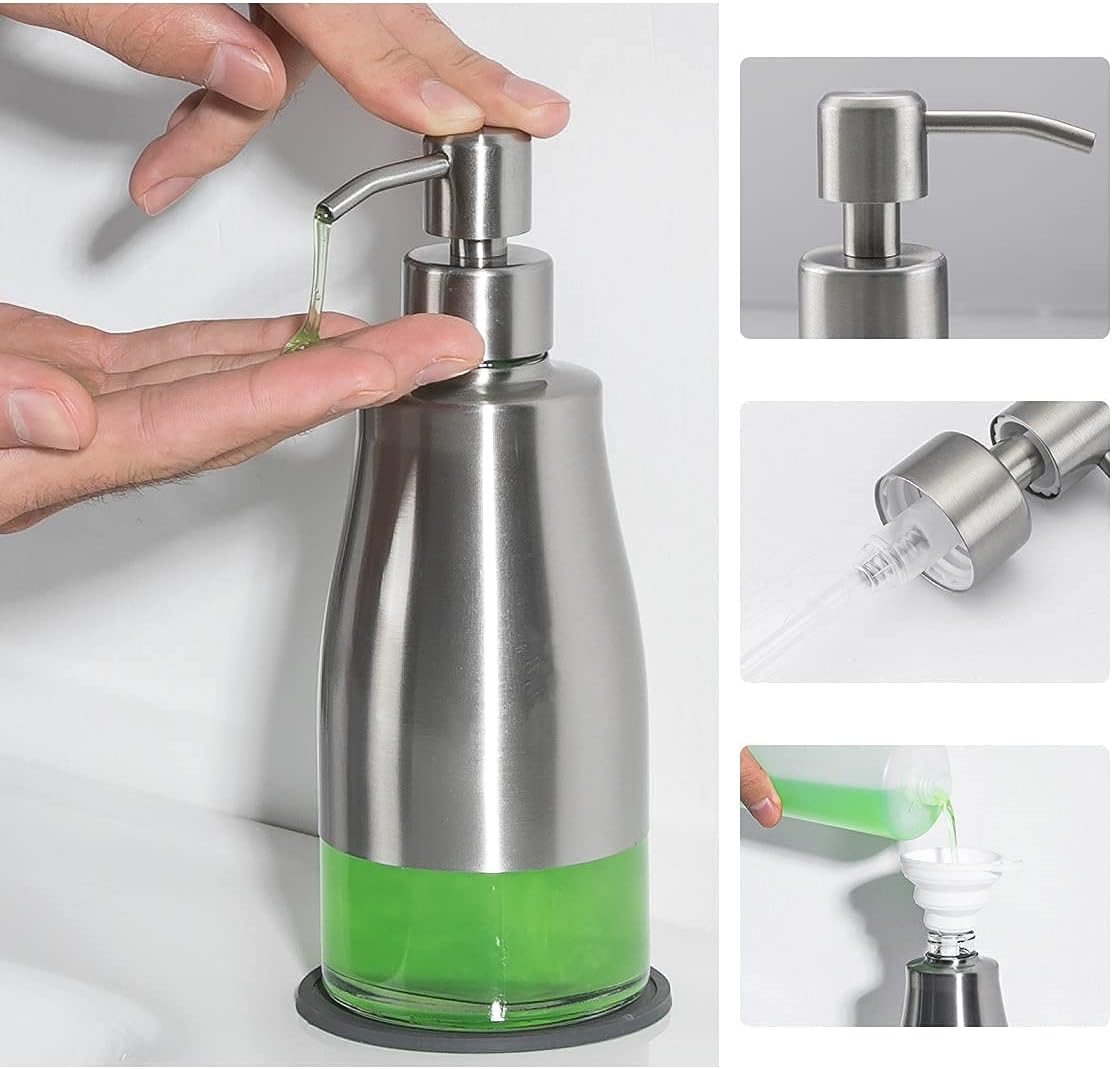 Gaussra Soap Dispenser with Coaster and Stickers, Brushed Nickel Stainless Steel Case Glass Liner