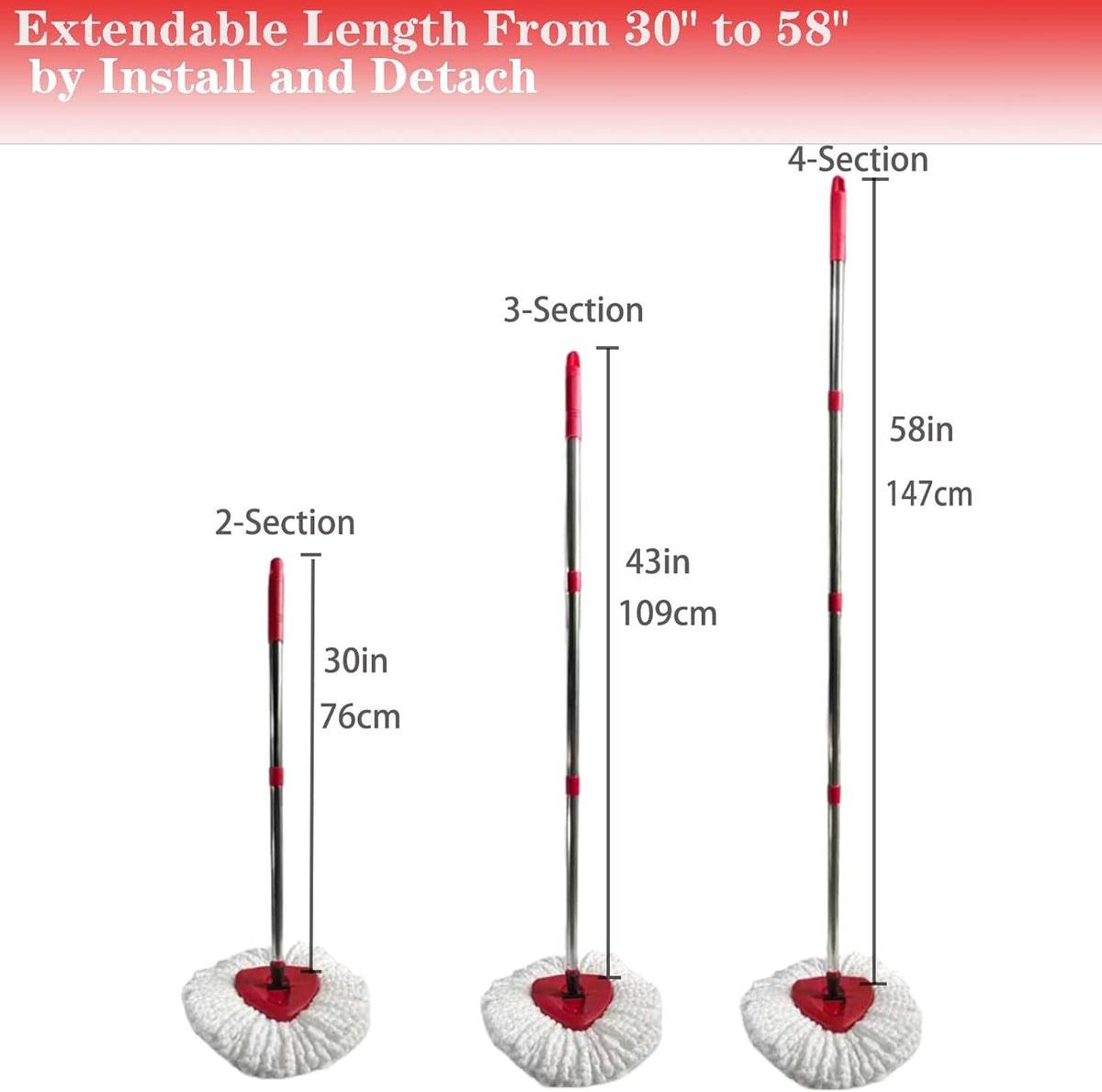 Spin Mop Replacement Handle, 4-Section 30-to-58 inch Mop Replacement Stick Compatible with Ocedar
