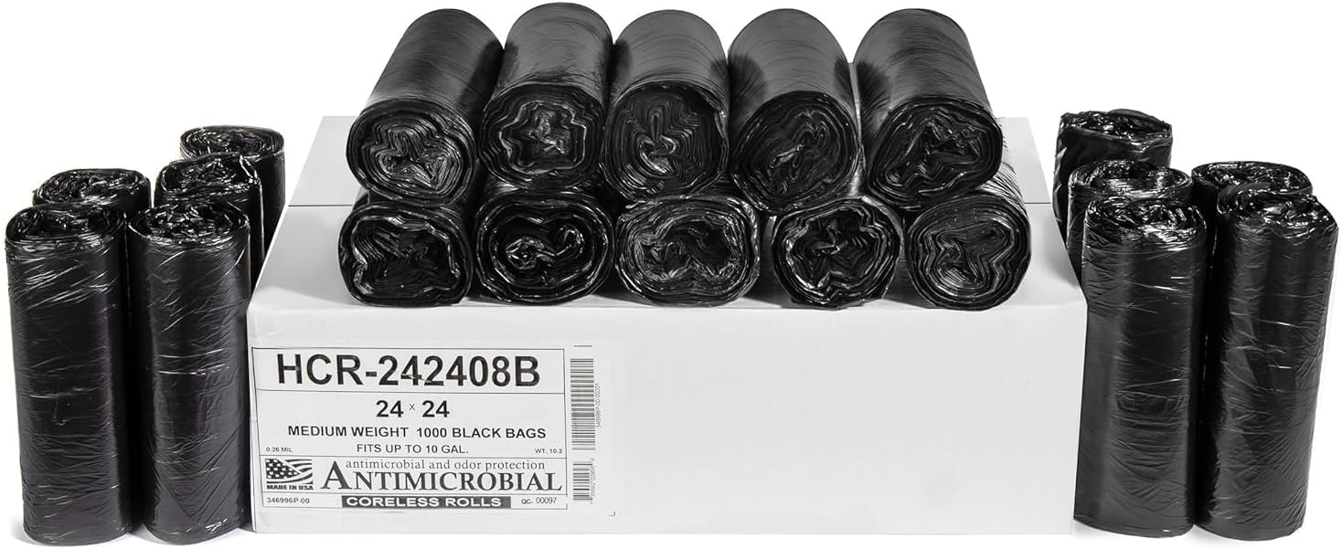 Aluf Plastics High Density Trash Bags, 10 Gallon, 1000 Count, 8 Micron (eq), 24" x 24", Black, for