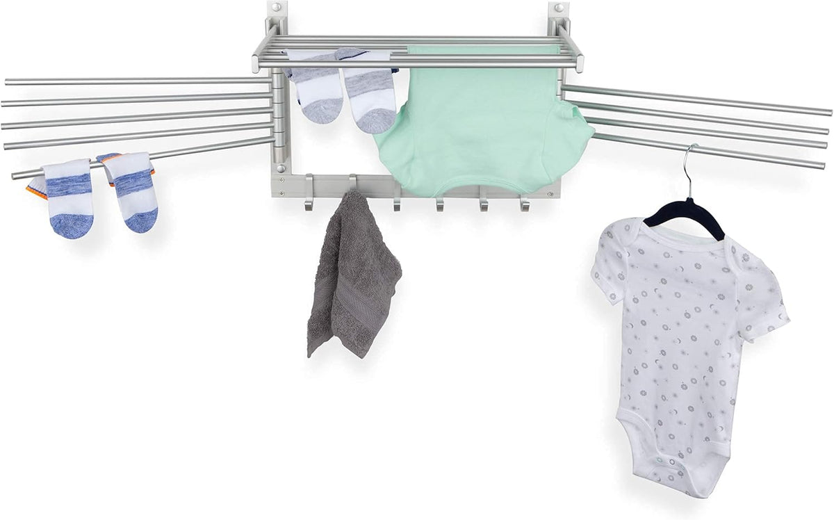 brightmaison BGT Wash Clothes Drying Rack Wall Mount Laundry Room Organizer with Hooks & Swing
