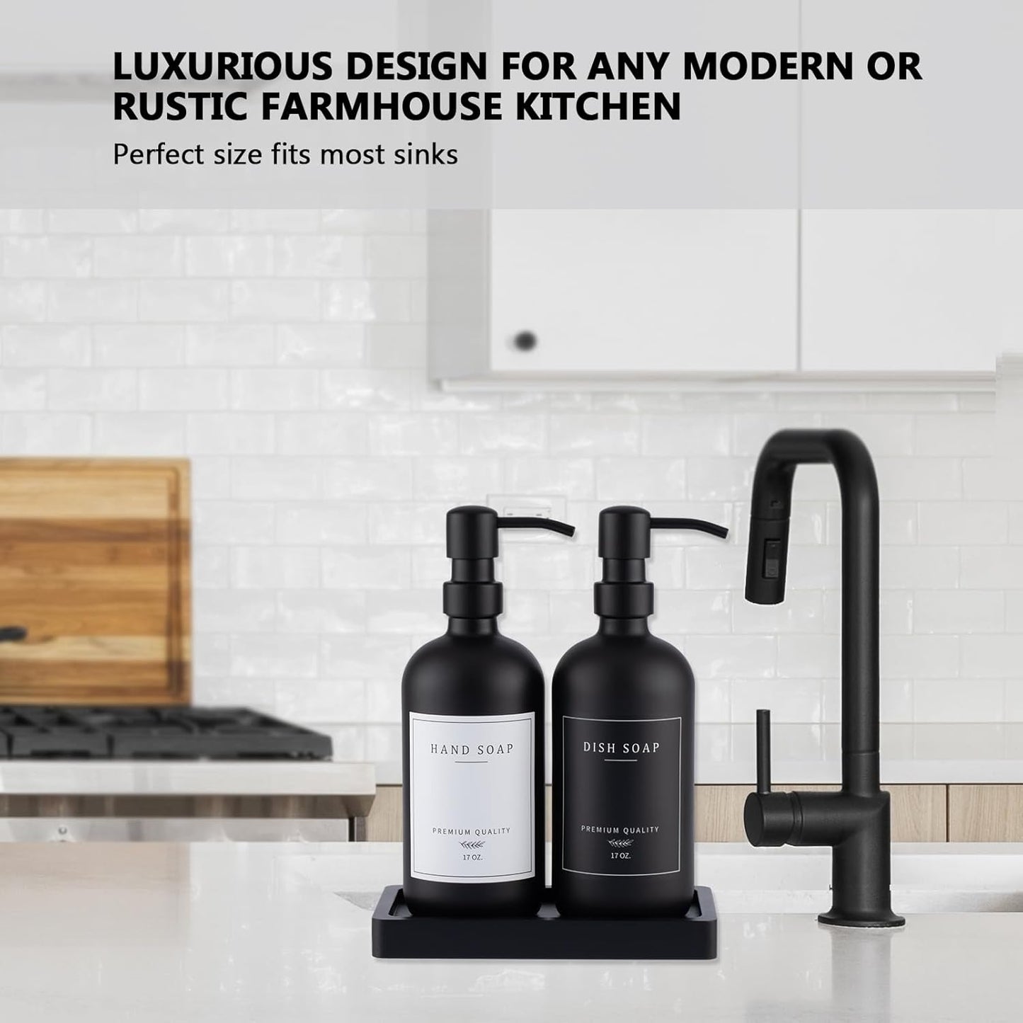 Black Thick Glass Soap Dispenser - Farmhouse Kitchen Dish &Hand Soap Dispenser Set, 304 Rustproof