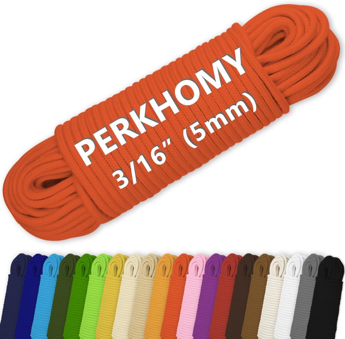 PerkHomy Cotton Rope 3/16" (5mm) 100 ft Multi Purpose Utility Diamond Braided Cord, Natural Cotton