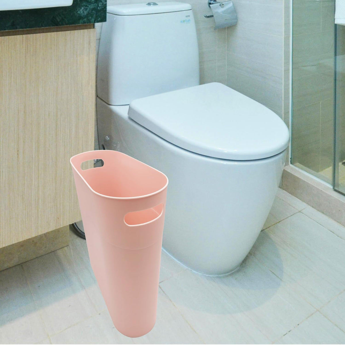 Small Trash Can Plastic Bathroom Wastebasket 3.2 Gallon Slim Garbage Container Bin with Handle for
