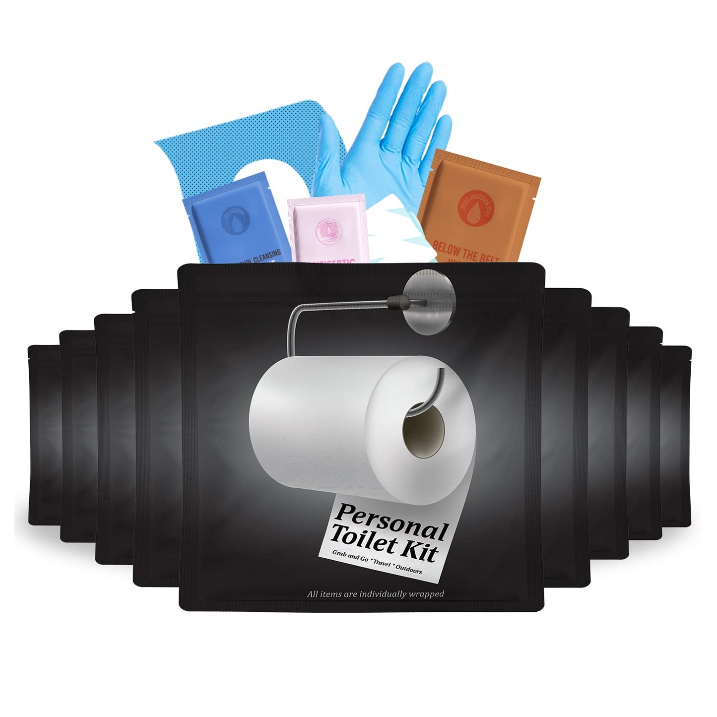 Personal Toilet Kit To Go – 10 Pack | Disposable Public Restroom Kit | Individually Wrapped for