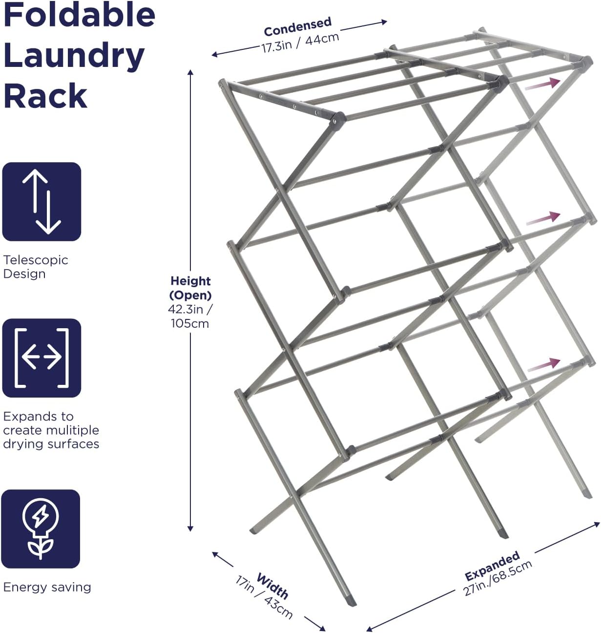BLACK+DECKER 3 Tier Expandable Collapsing Foldable Laundry Rack for Air Drying Clothing, Space