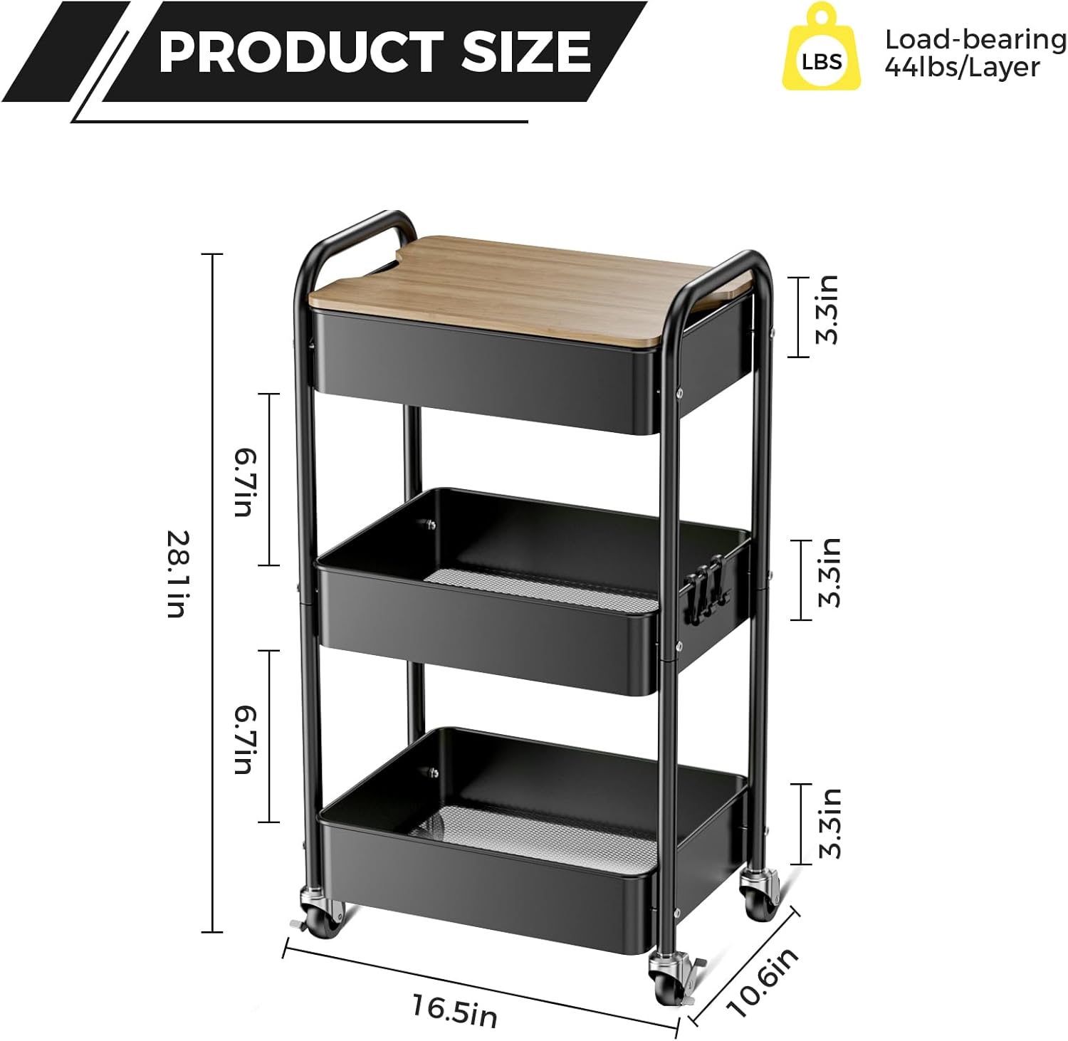 3 Tier Rolling Cart with Table top, Metal Utility Cart, Sturdy Storage Organizer Cart with Locking