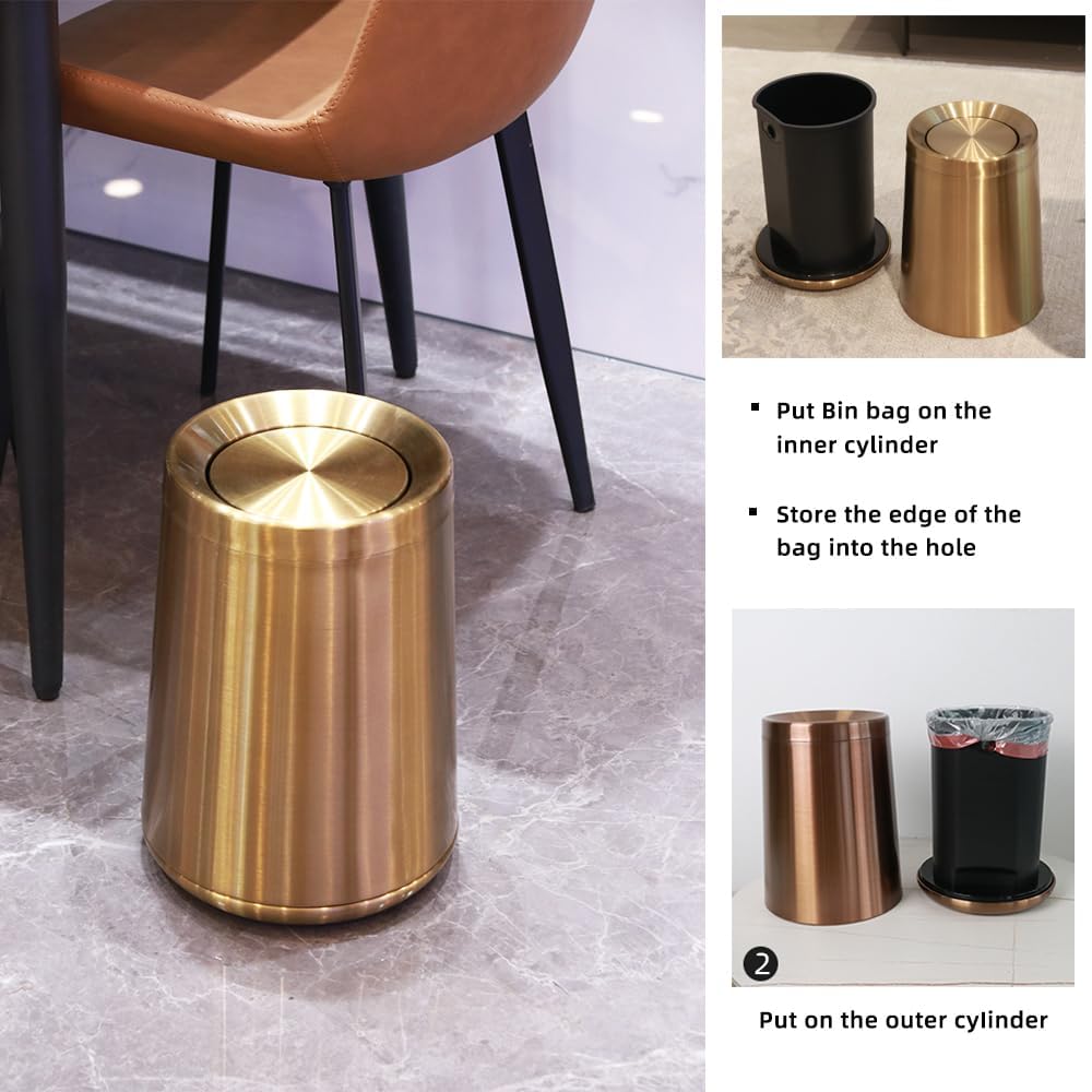 10 L/2.6Gallen,Swing Lid Gold Brass Trash Can,Brushed Nickel Garbage Can Bathroom with Flipping