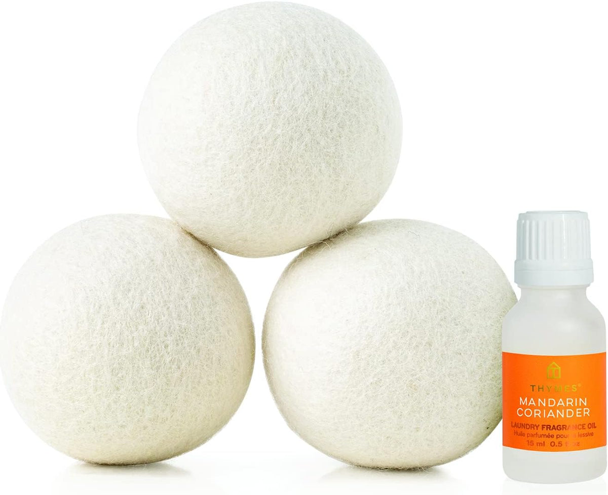 Thymes Wool Dryer Balls Set – Includes 3 Wool Laundry Balls + 1 Scented Laundry Fragrance Oil for