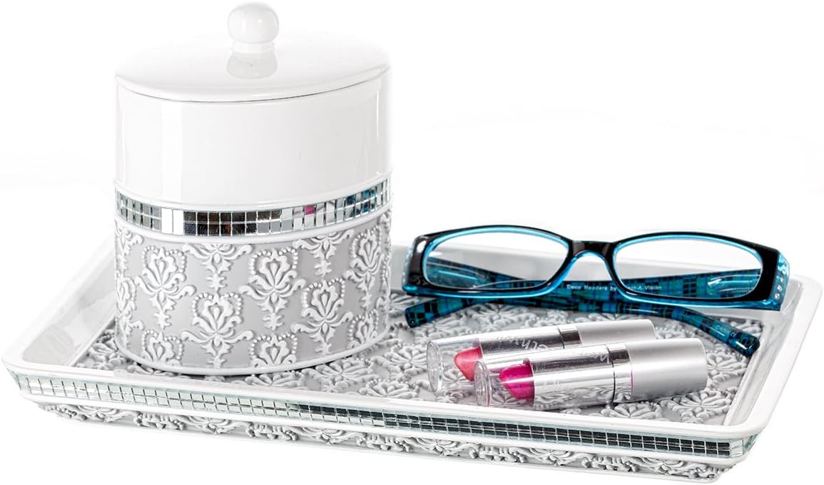 Creative Scents Mirror Damask Qtip Holder - Decorative Qtip Holder Canister Jar, Durable Cotton