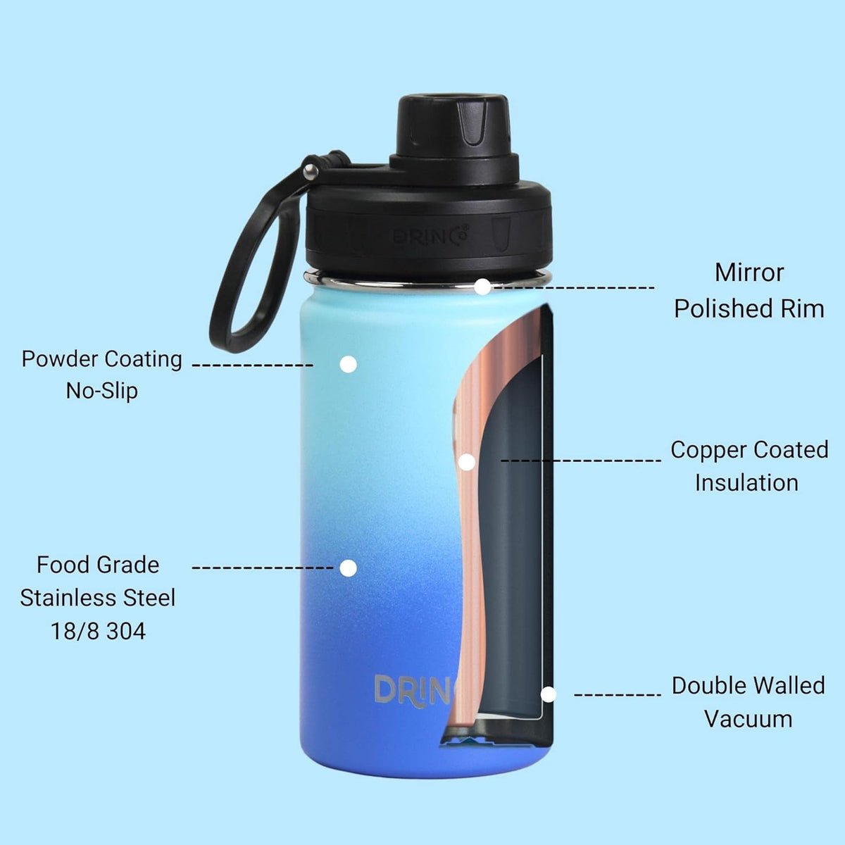 DRINCO Stainless Steel Water Bottle Spout Lid Vacuum Insulated Double Wall Water Bottle Wide Mouth