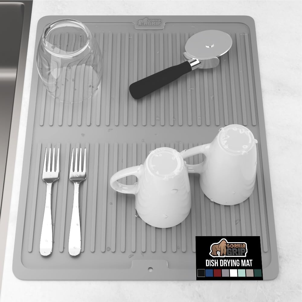 GORILLA GRIP 100% BPA-Free Patented Silicone Dish Drying Mat for Kitchen Counter, 18x16 Inch, Water