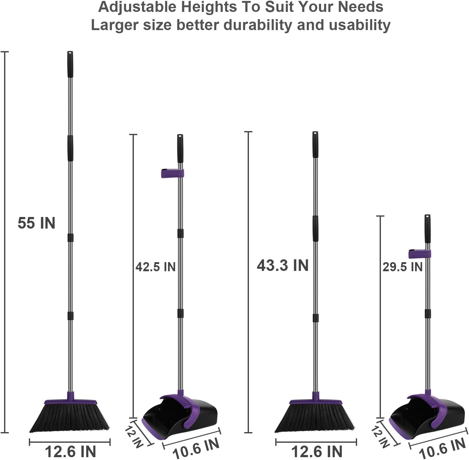 Broom and Dustpan Set, Large Household Dustpans and Broom with 55 Inch Long Handle, Pueple Broom