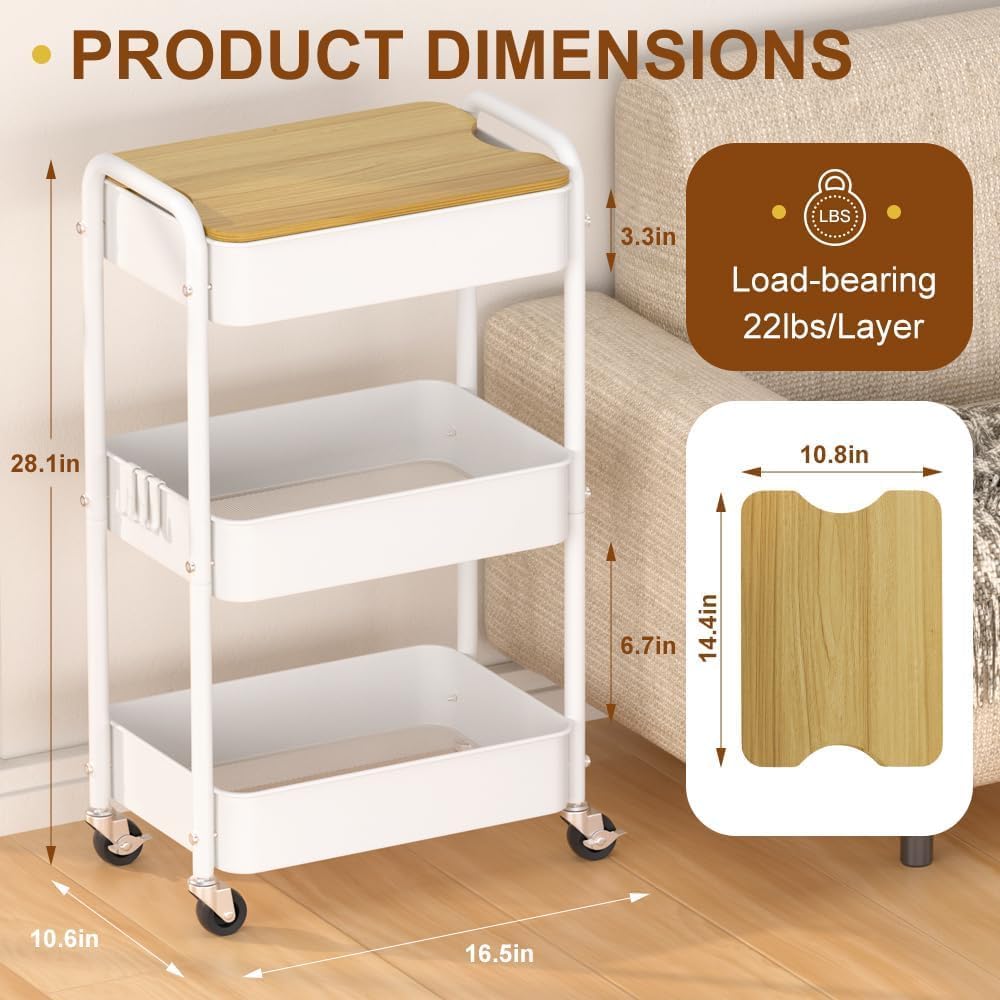 3 Tier Metal Utility Cart, Rolling Storage Cart with Wooden Tabletop, Metal Organizer Cart with