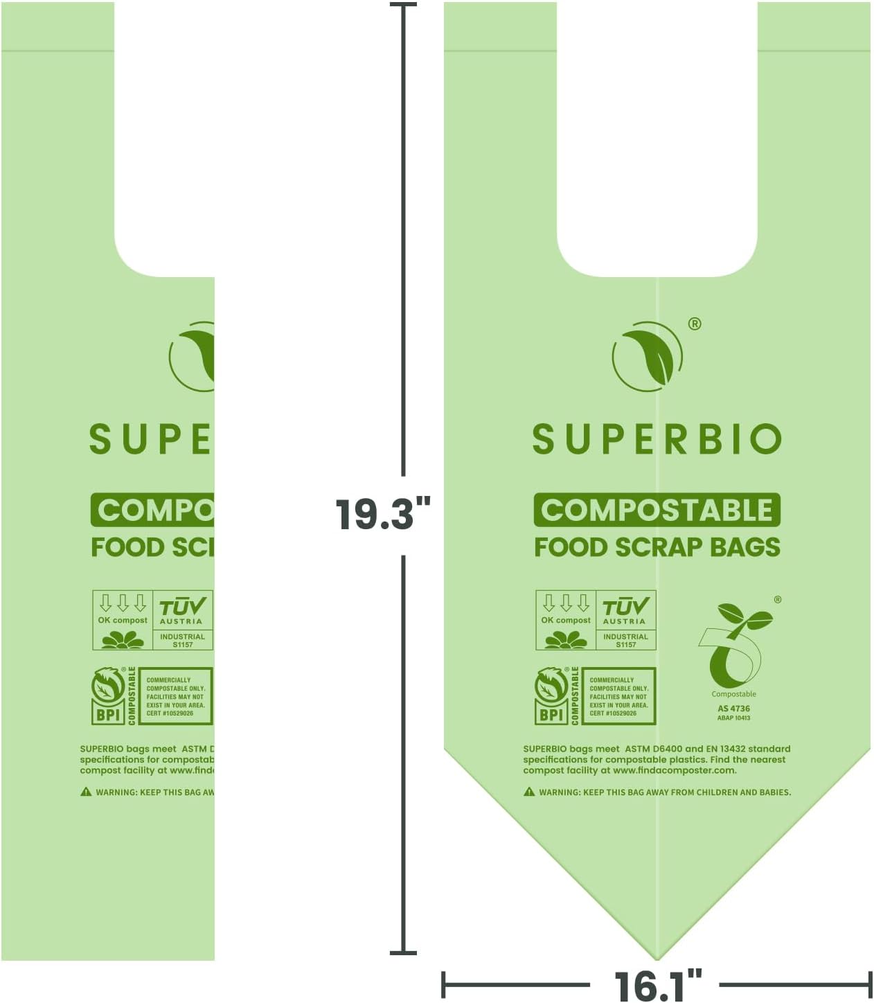 SUPERBIO 1.6 Gallon Handle Tie Compostable Food Scrap Bags, Small Compost Bags with Handles, 50
