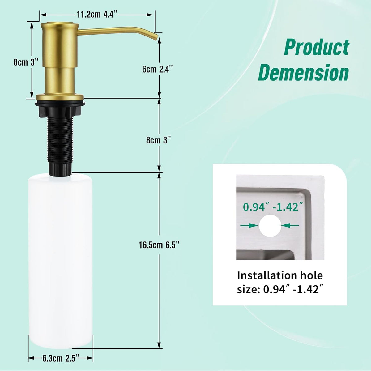 CREA Brushed Gold Kitchen Soap Dispenser Countertop Soap Dispenser for Kitchen Sink, Built in Sink
