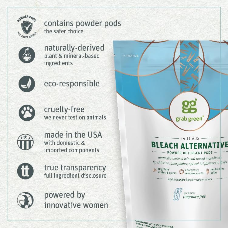 Grab Green Bleach Alternative Pods, 24 Count, Chlorine Free, Fragrance Free, Plant and Mineral
