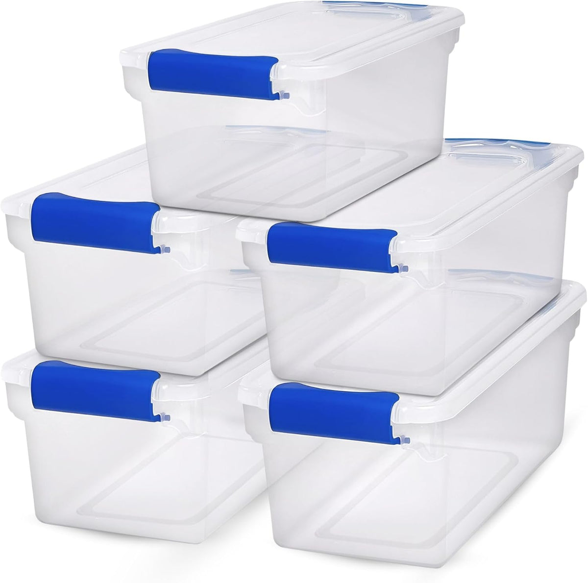 HOMZ 5-Pack Latching Lid, Clear Plastic Storage Organizer Bins, 7.5 Quart, Blue Latch - Stackable