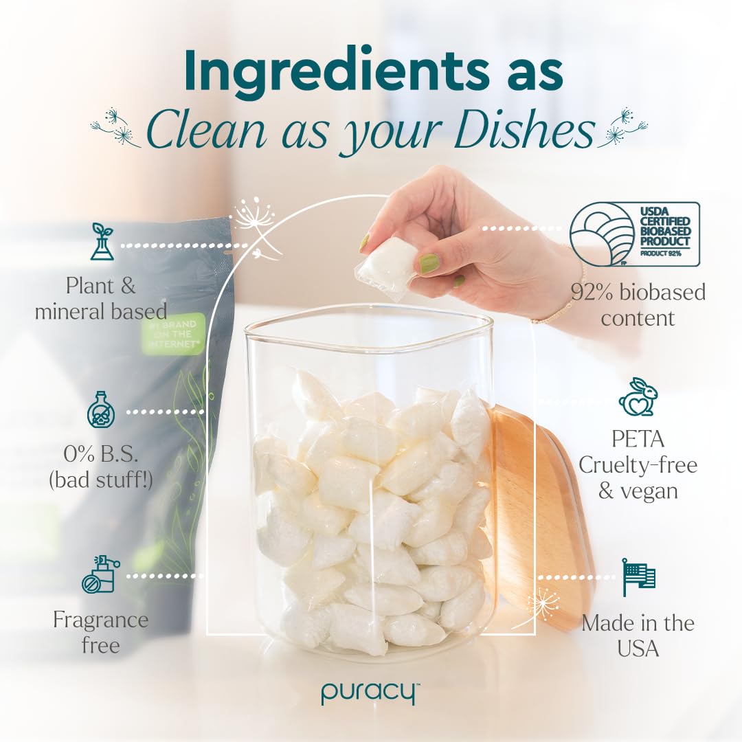 Puracy Dishwasher Pods, Natural Dishwasher Detergent, Free & Clear Dish tabs - Enzyme-Powered, Spot