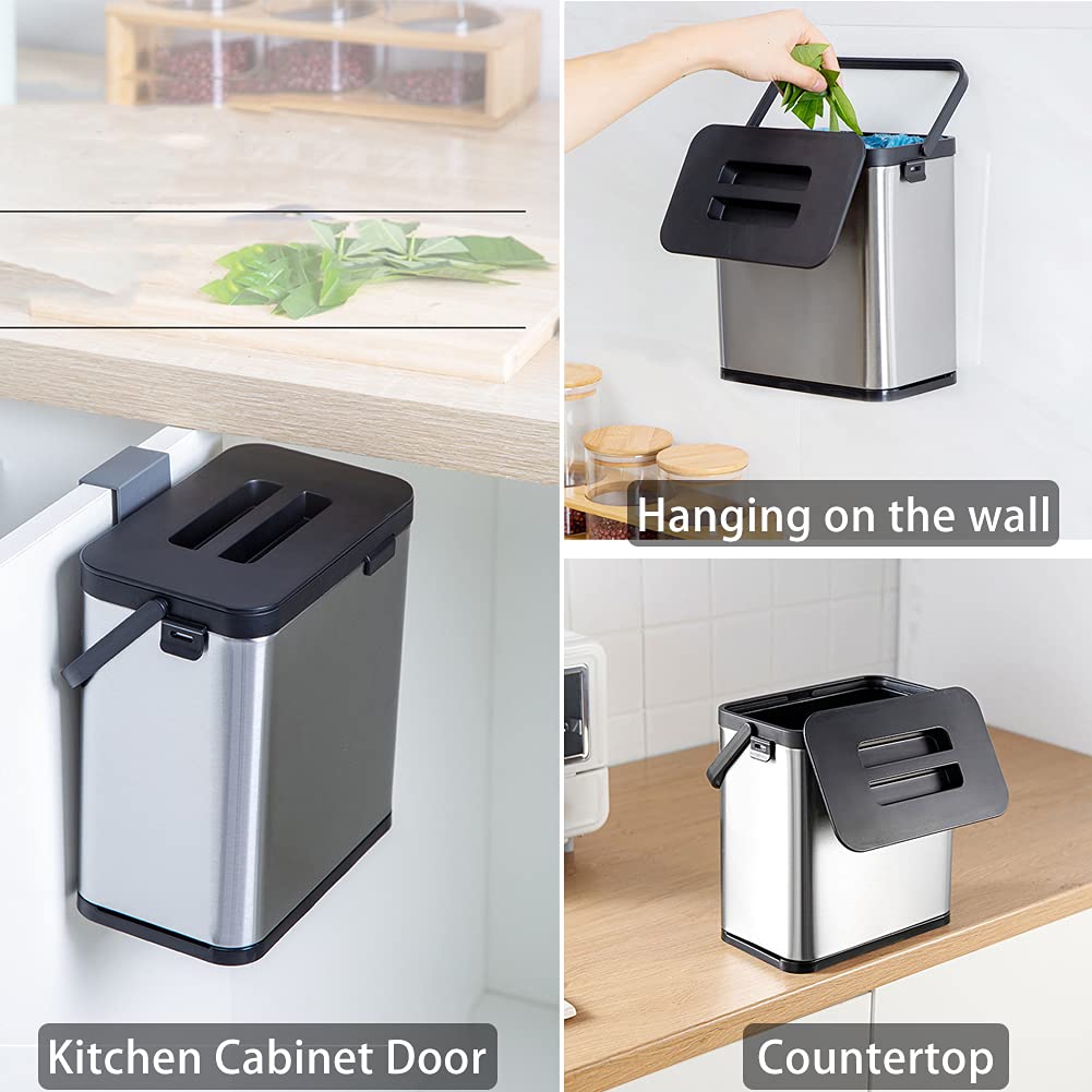 SIDIANBAN Hanging Trash Can with Lid for Kitchen Cabinet Door, 0.8 Gal/3L Stainless Steel Garbage