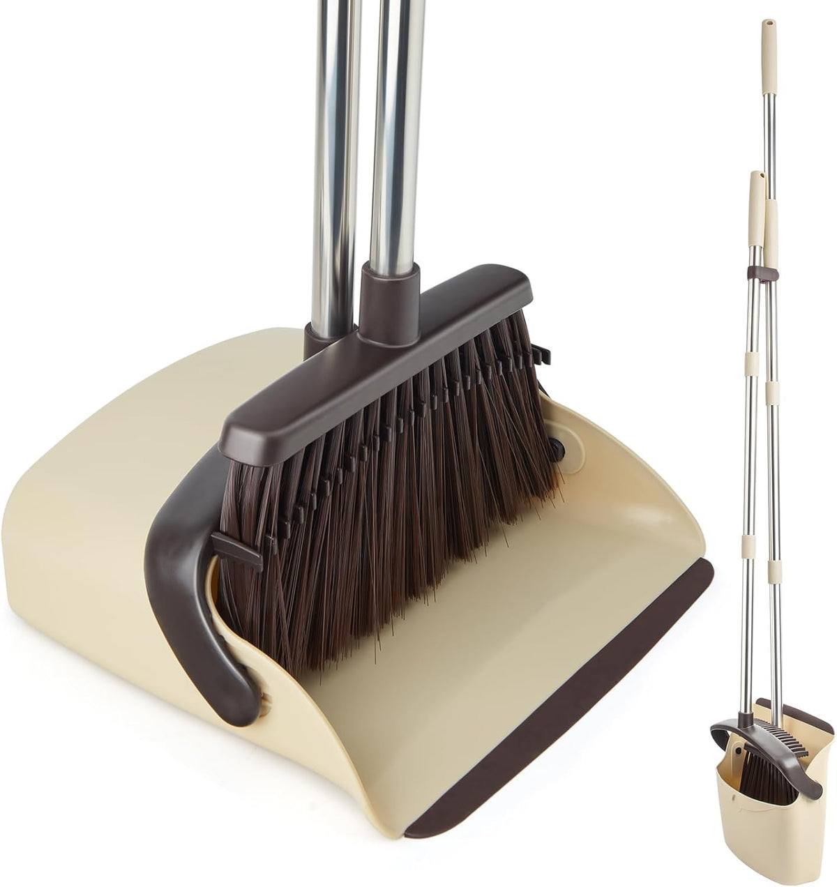 Broom and Dustpan Set, Dustpan Combo with 51" Stainless Steel Long Handle Brooms with 5-Layer Soft