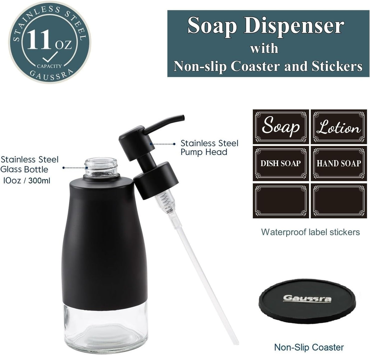 Gaussra Black Soap Dispenser with Coasterand Stickers, Refillable Liquid Stainless Steel Soap