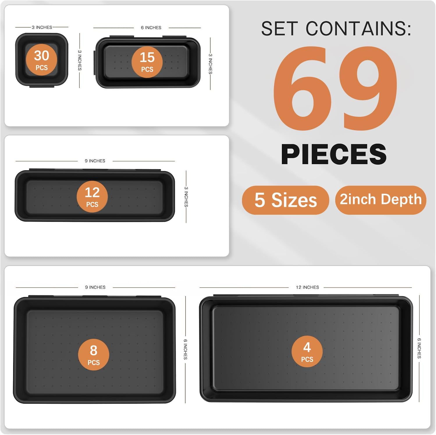 69PCS Large Plastic Interlocking Drawer Organizer, 5 Sizes Versatile Desk Drawer Organizer Trays